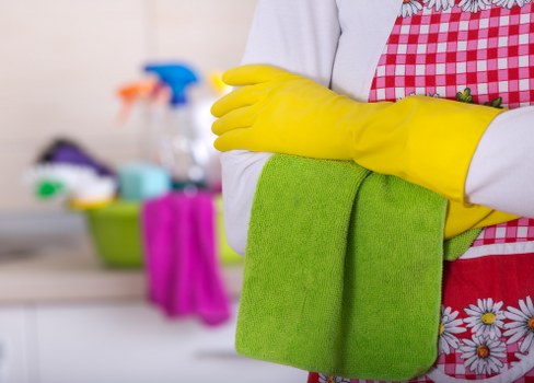 Professional cleaner applying health and safety standards during work